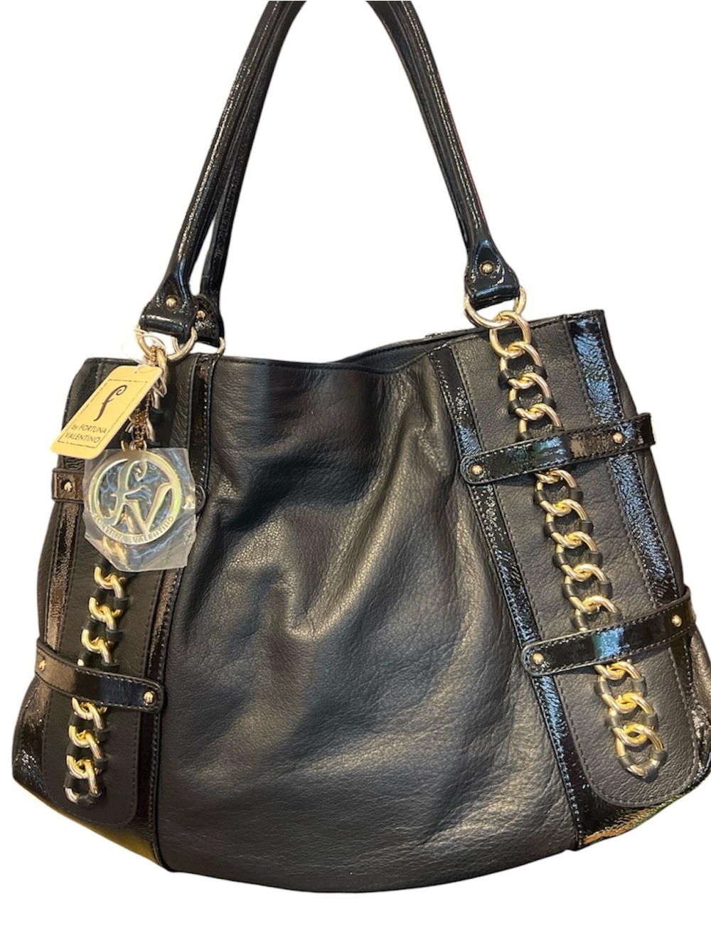 Black Leather Shoulder Tote with Gold Chain Accents by Fortuna Valentino